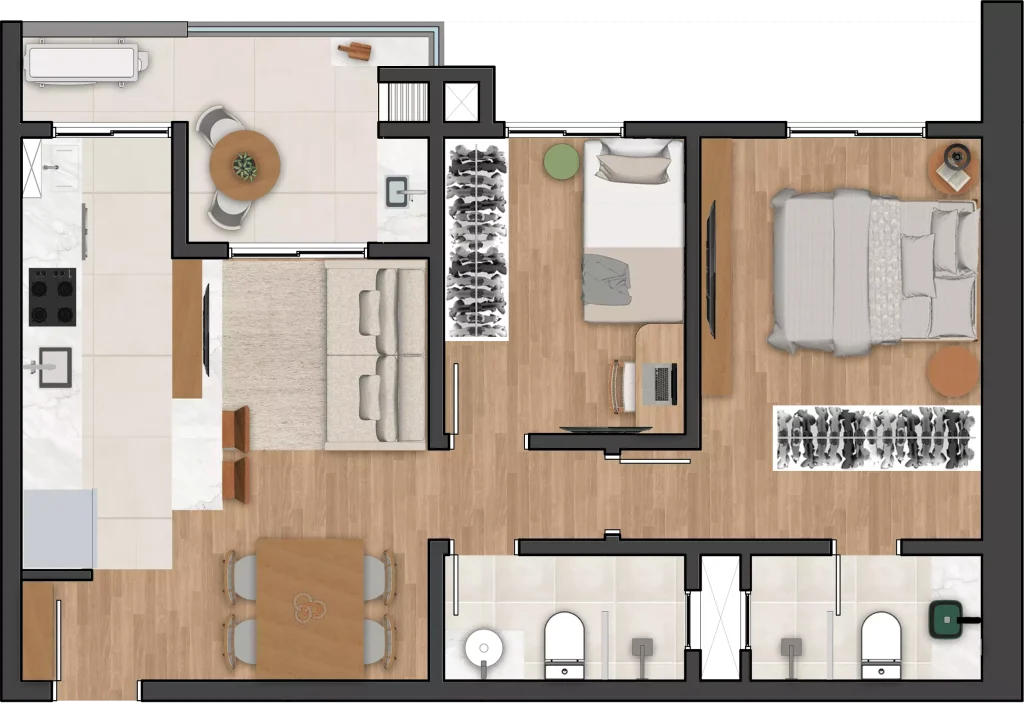 2 Dormitórios - 1 sacada - 60m² - Final 02, 03, 04 e 06