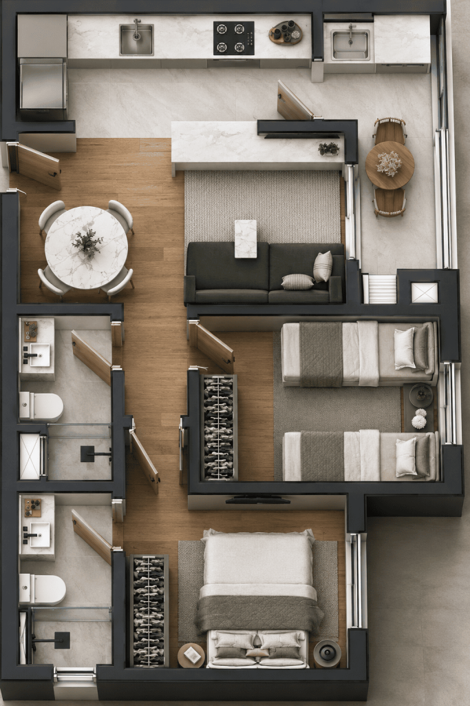 Apartamento 2 Quartos com Área Privativa de 53m² até 54m² Final 01, 02, 03, 04, 05, 08, 09, 10, 11 e 12