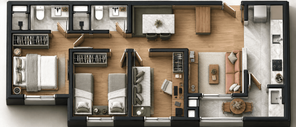 Apartamento 3 Quartos com Área Privativa de 69m² Final 07 e 06