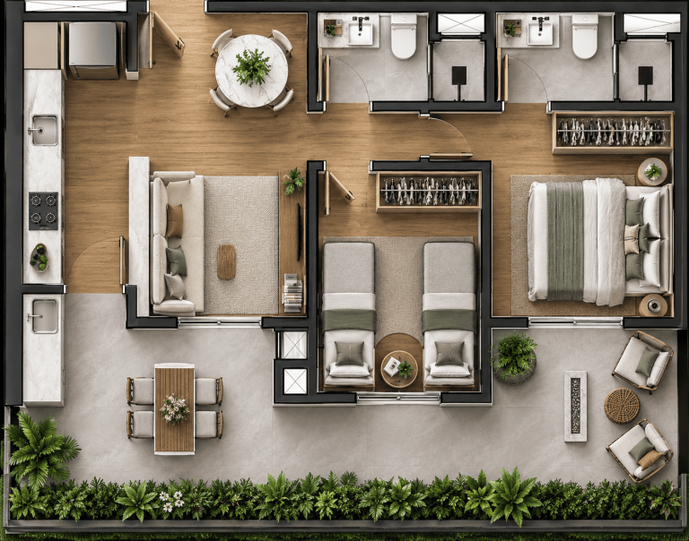 Garden 2 Quartos com Área Privativa de 53m² até 54m² + 16m² descoberto Final 02