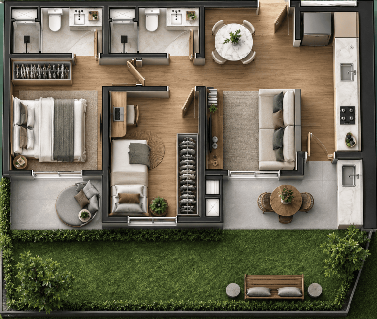Garden 2 Quartos com Área Privativa de 53m² até 54m² + 21,23m² descoberto Final 03